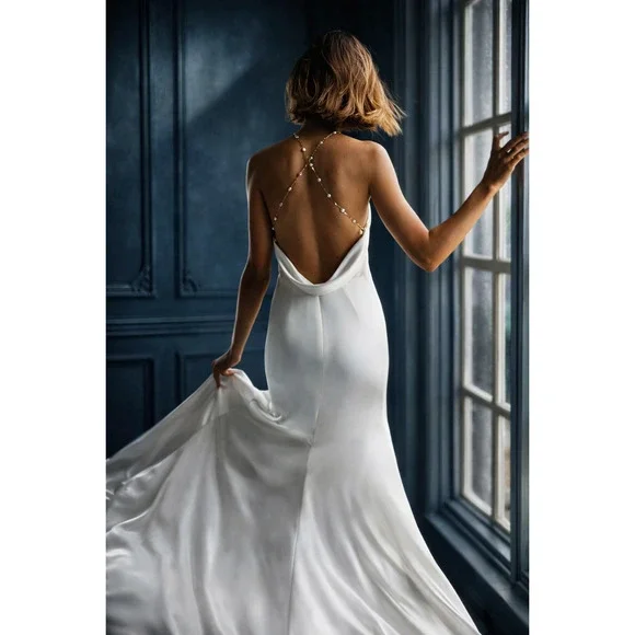 Jenny Yoo Pearl Halter Wedding Dress Size 2 Ivory Slit Open Back Bridal Gown